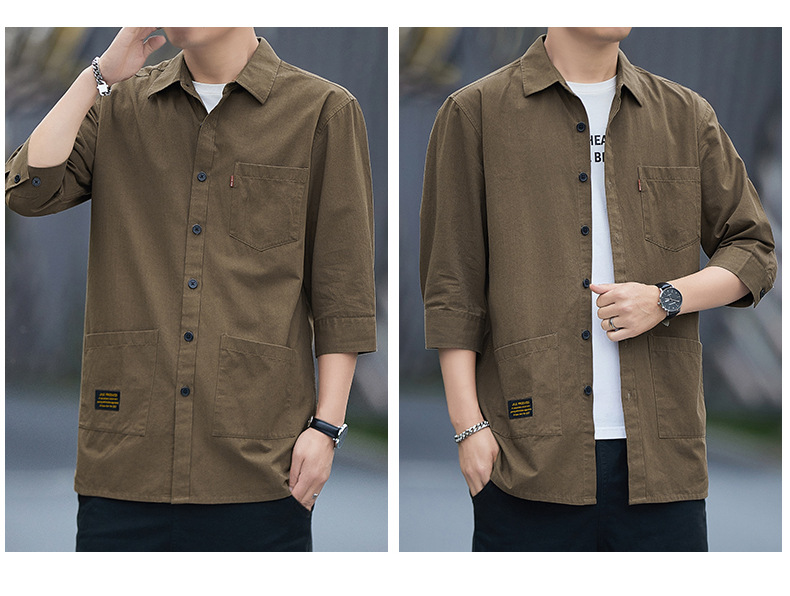 夏季男式衬衫 100棉七分袖宽松透气纯色青春潮流日系工装青年衬衣详情15