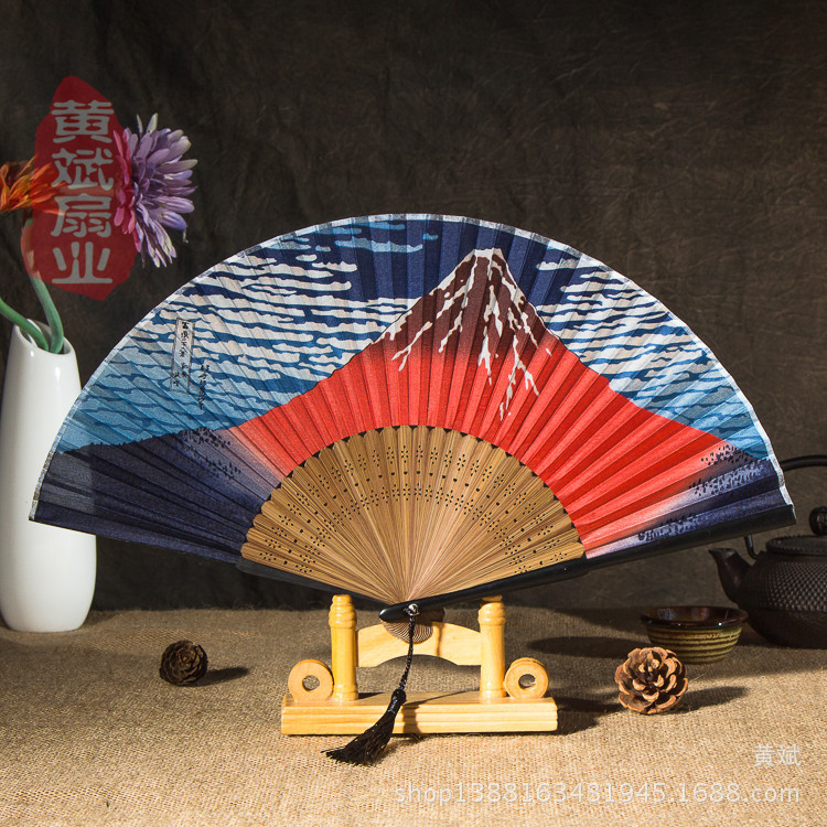 哑光漆边真丝娟面日式和风江户日本竹柄折扇 富士山系列和服扇子详情1