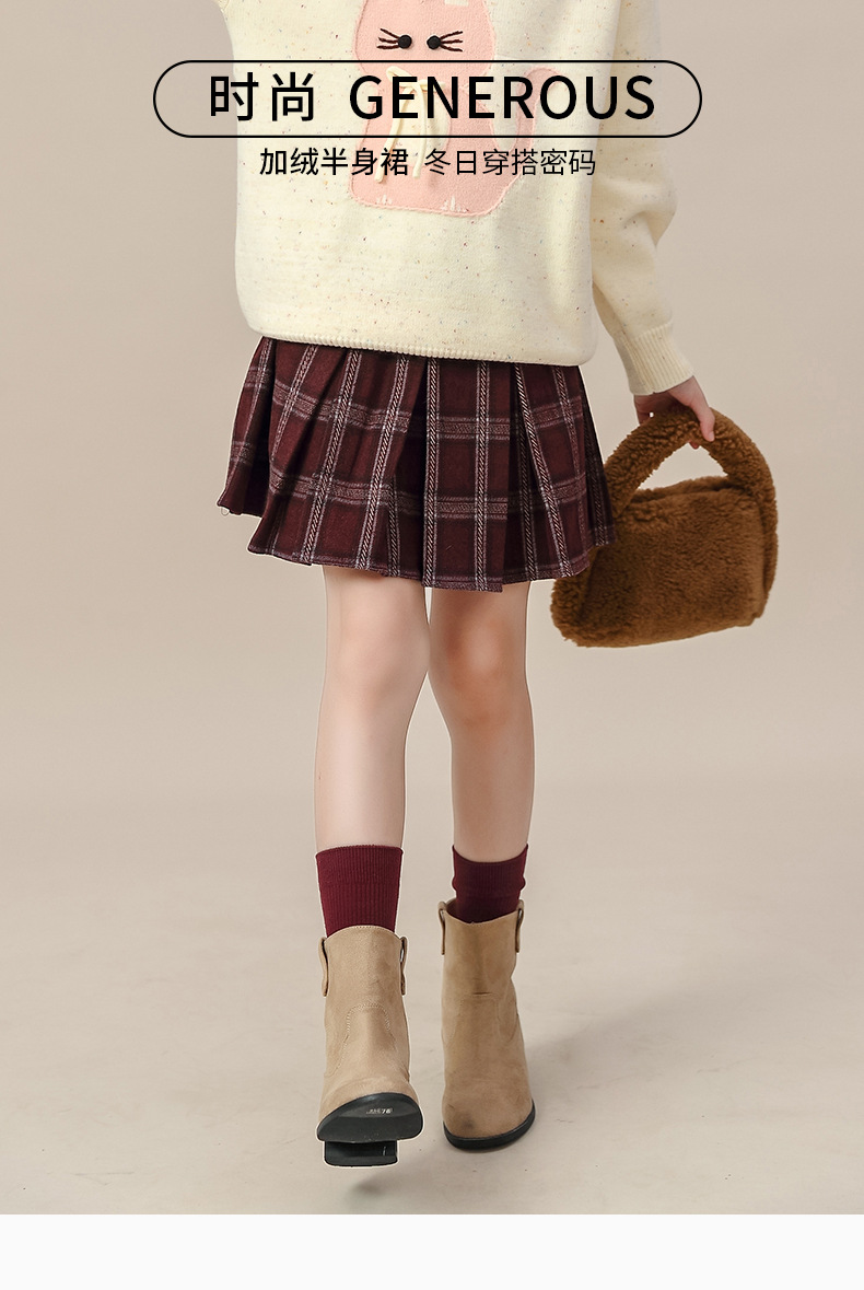 红色圣诞新年款女童磨毛条纹百褶裙秋冬新款中大童毛呢格子半身裙详情1