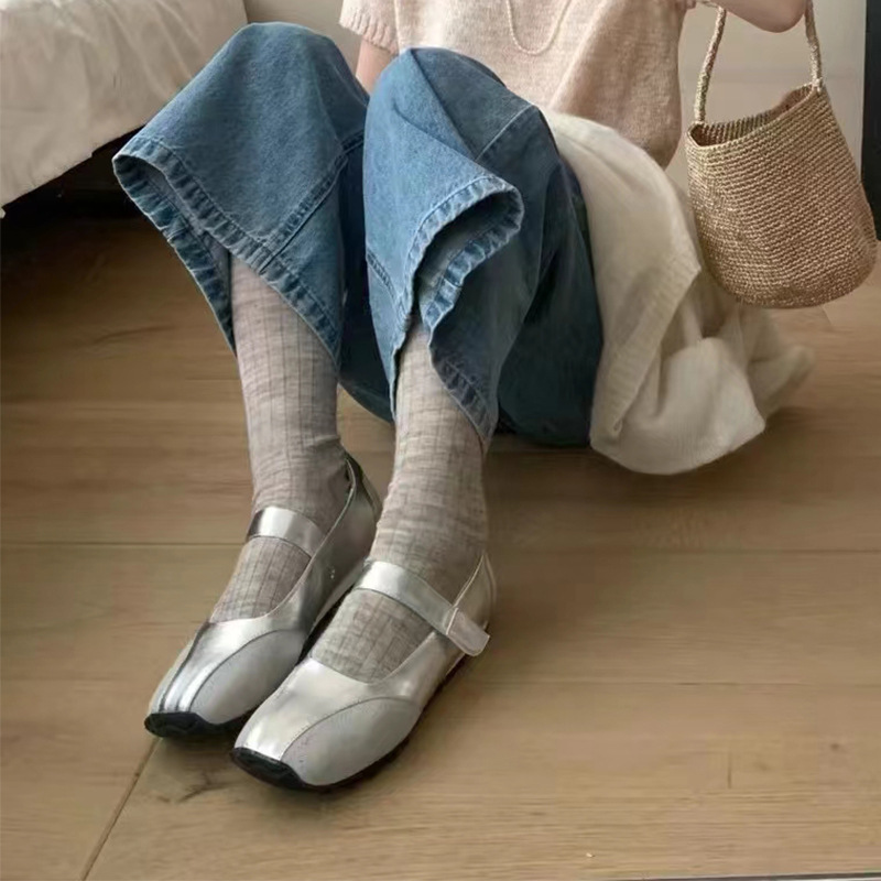 现货小银鞋浅口平跟芭蕾鞋中跟小方头单鞋慵懒风韩系复古德训鞋女详情31