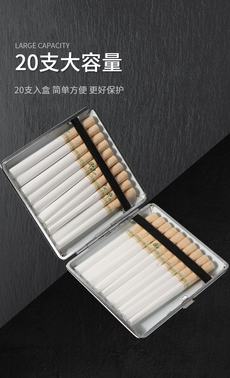 Hot-selling classic leather-textured and rubber-reinforced thick 20-piece cigarette box for men, portable and lightweight metal veneered cigarette box pic 3