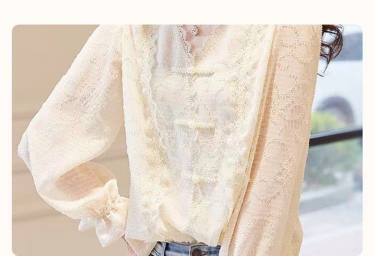 国风上衣女雪纺遮肚子雪纺衫遮肉米白色长袖V领盘扣衬衫女详情19