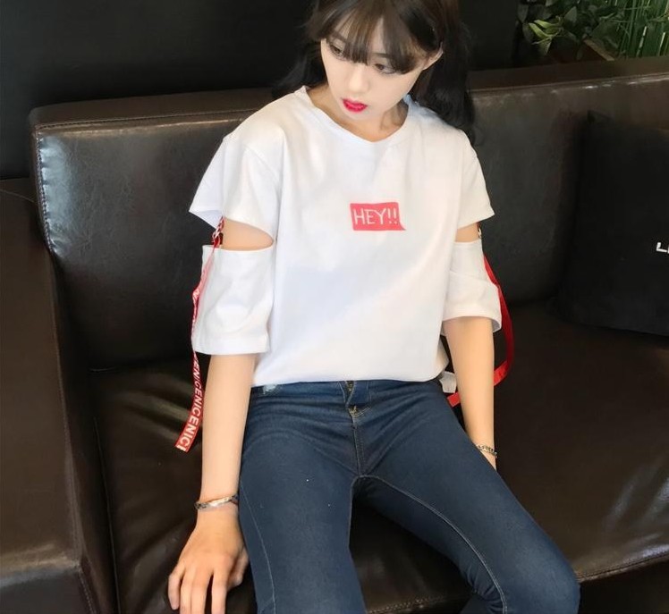 Loose and slimming woven strap letter-printed perforated T-shirt for women, versatile top HEY mid-sleeve pic 5