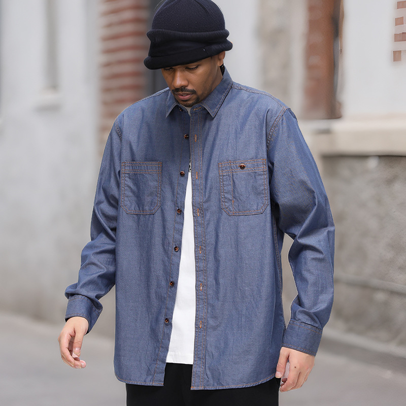 跨境美式牛仔衬衫男纯棉免烫纯色长袖男款休闲外套外贸潮流男装详情15