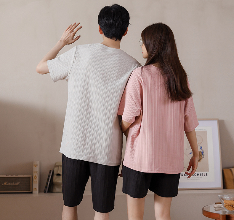 Novedades pareja manga corta pantalones cortos pijamas mujer verano slim algodón peinado hombre traje de hogar suelto casual cartoon pic 106