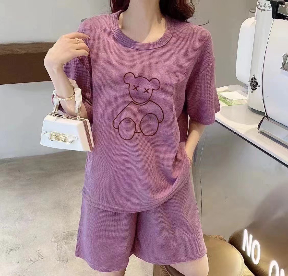 Waffle Bear Set 2022 New Fashion Embroidered outerwear, home wear, short-sleeved, trendy shorts, two-piece set for women pic 8