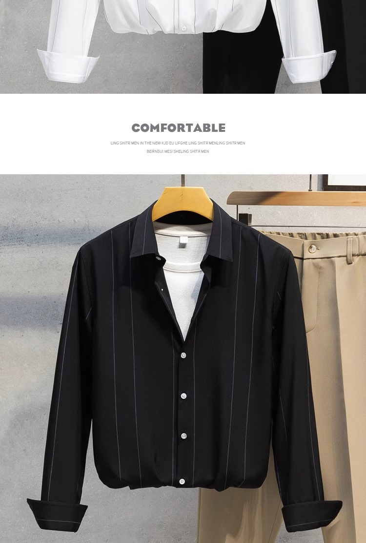2025 hombre camisa manga larga casual coreano versión tendencia estiramiento delgado hermoso blusa blanca rayas top cool pic 10