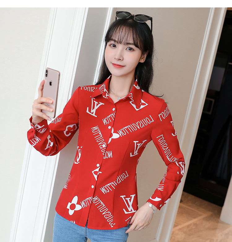 New spring and autumn Korean-style slim-fit shirt for women, long-sleeved printed striped trendy base layer, Hong Kong-style top for women pic 42
