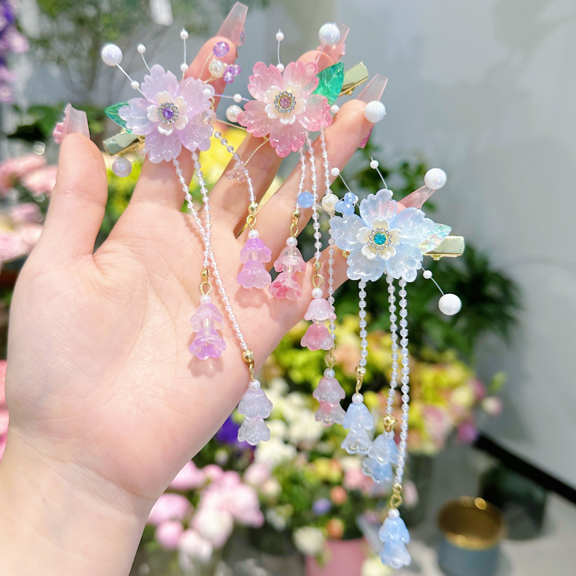 儿童发夹 国潮系列新款古风花朵蝴蝶珍珠流苏中国风琉璃对夹女孩汉服头饰详情15