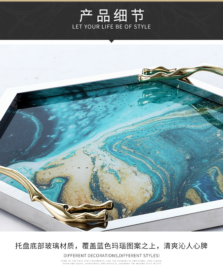 Nordic light luxury style creative glass fruit plate, home tea tray, storage tray, living room decoration plate, display plate with copper handle pic 3