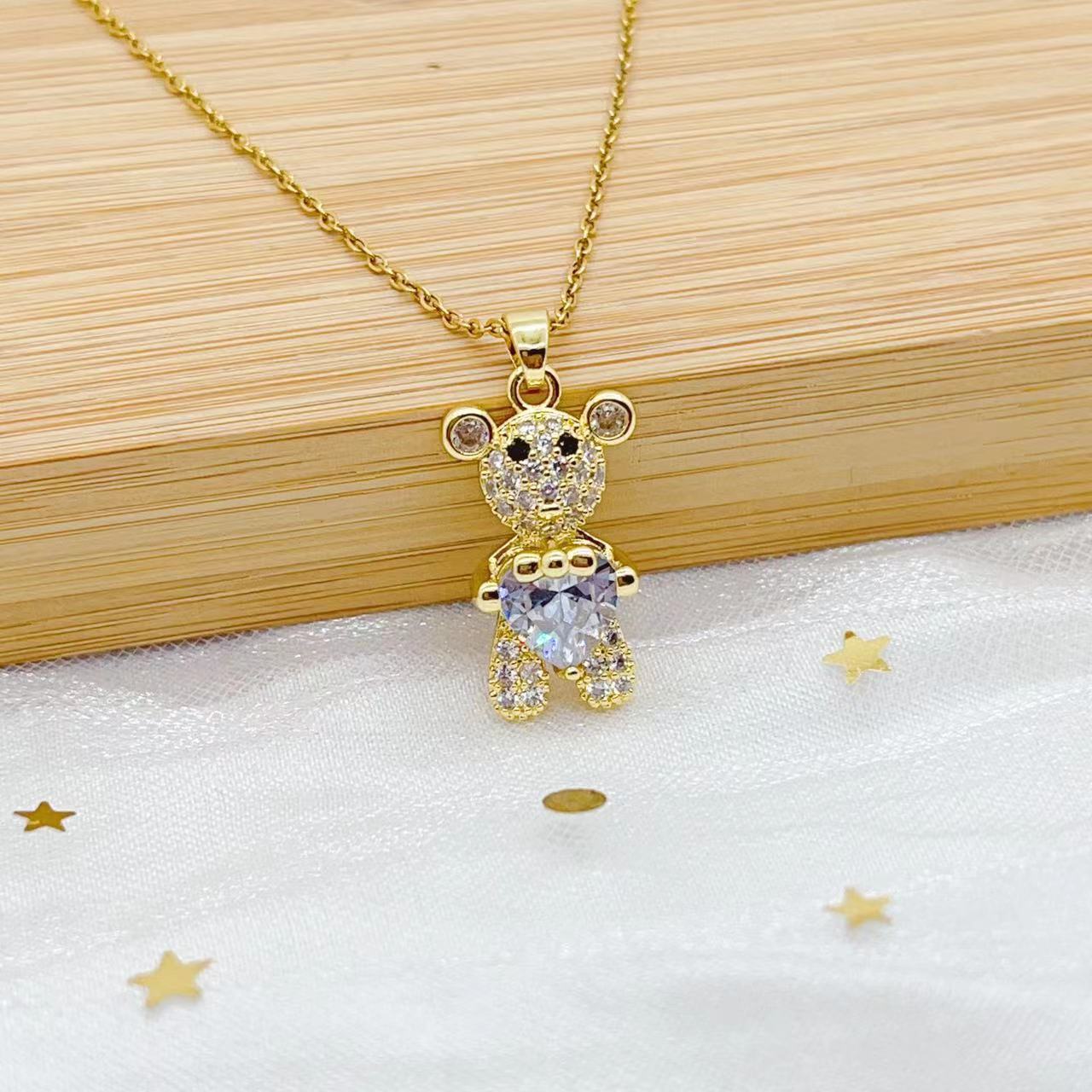 Cross-border new product, Bear Zircon necklace, personalized design, fashionable ins style, heart-shaped collarbone chain jewelry wholesale pic 6