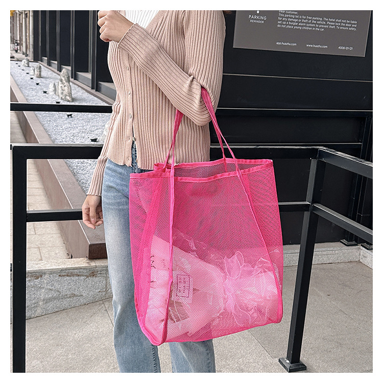 2024夏季新款购物袋纱网透明时尚单肩网纱沙滩包大容量网眼托特包详情51