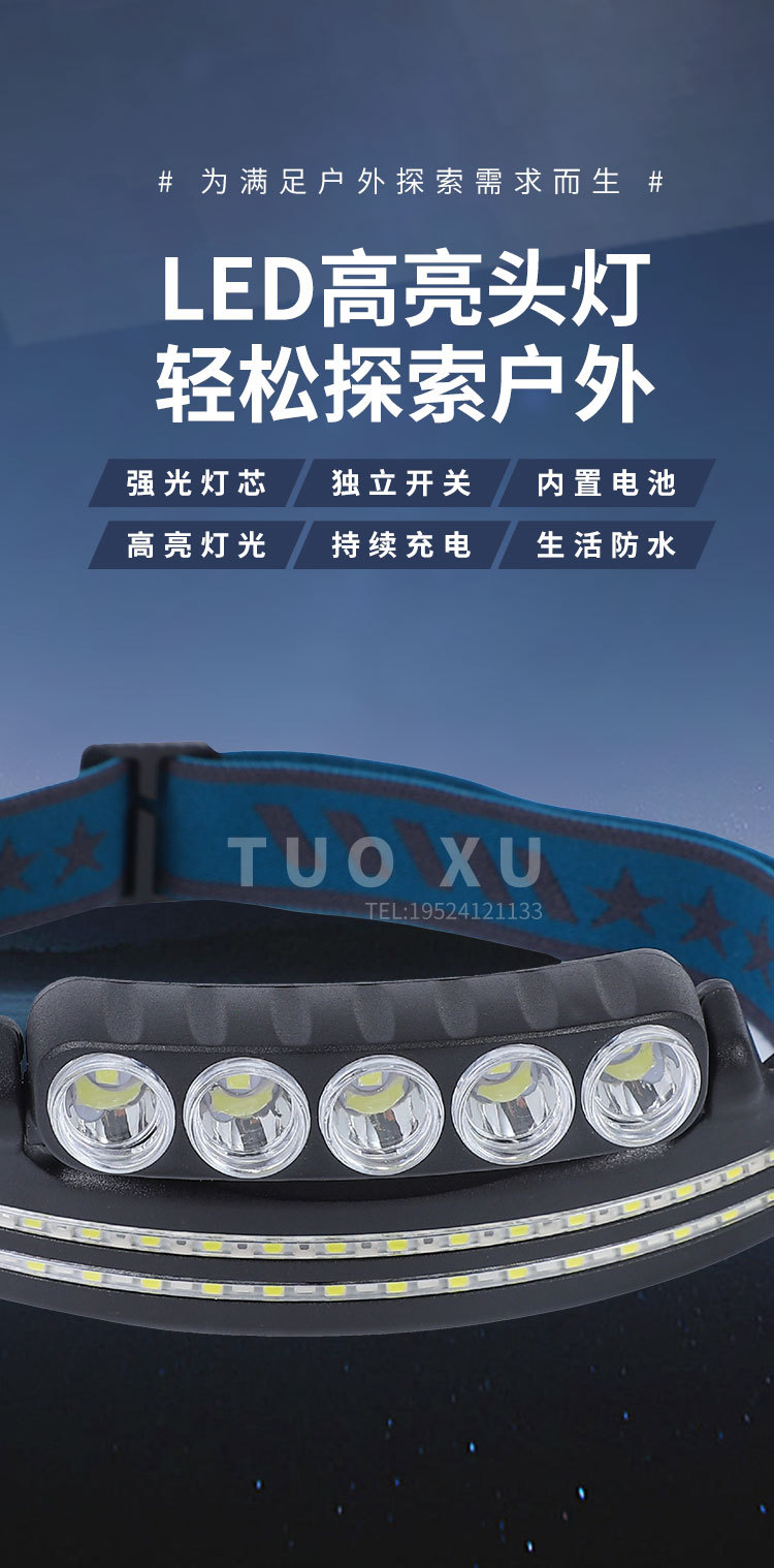 Headlamp strong light charging ultra-bright head-mounted flashlight, night fishing special sensor floodlight cob headband led lighting lamp pic 4