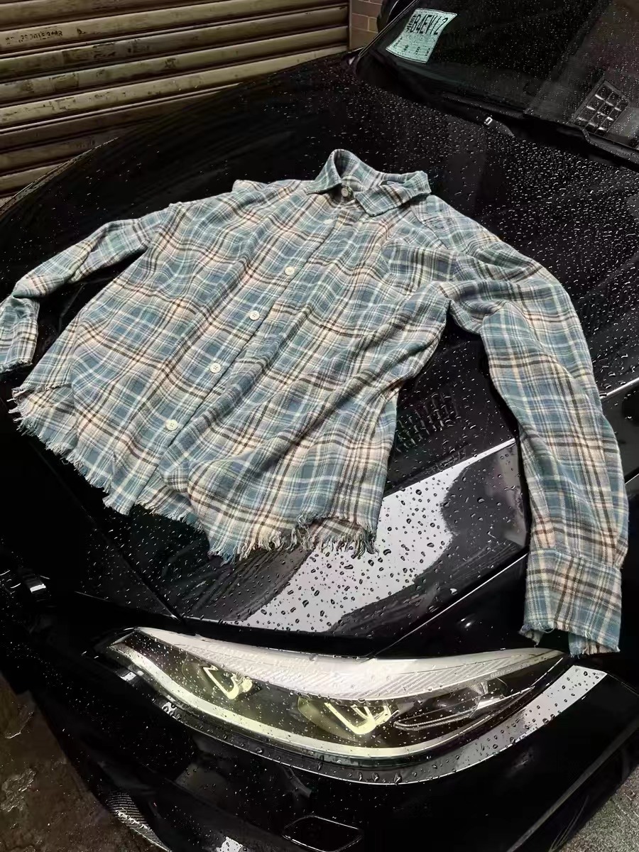 高货复古格纹法兰绒流苏破坏格子衬衫cleanfit设计感男女春季上衣详情6