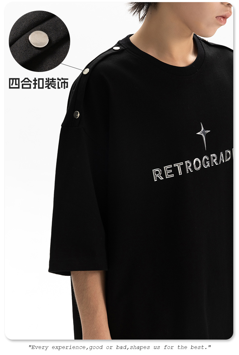 Shoulder four-button design T-shirt for men, loose American streetwear brand, metallic texture printed high street short-sleeved T-shirt, summer q pic 9