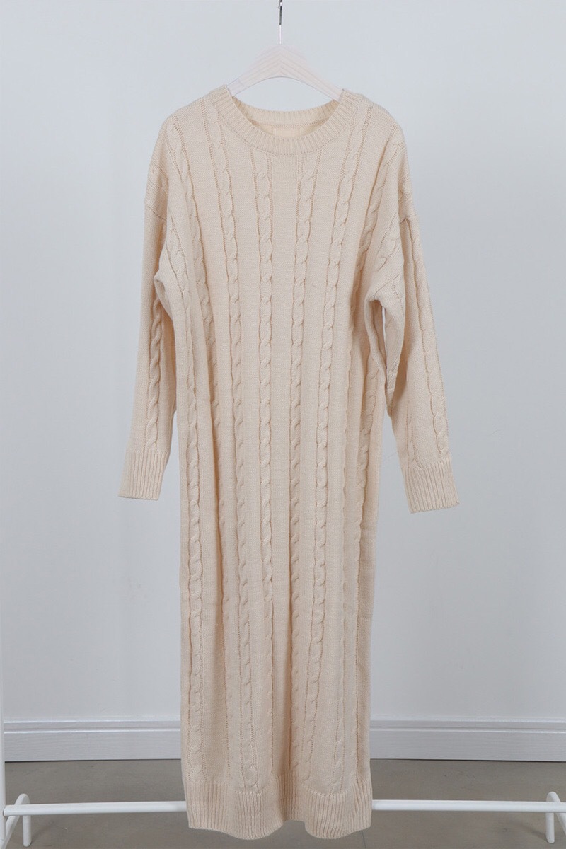 韩版chic秋冬新款圆领麻花针织长款宽松加厚连衣裙毛衣详情9