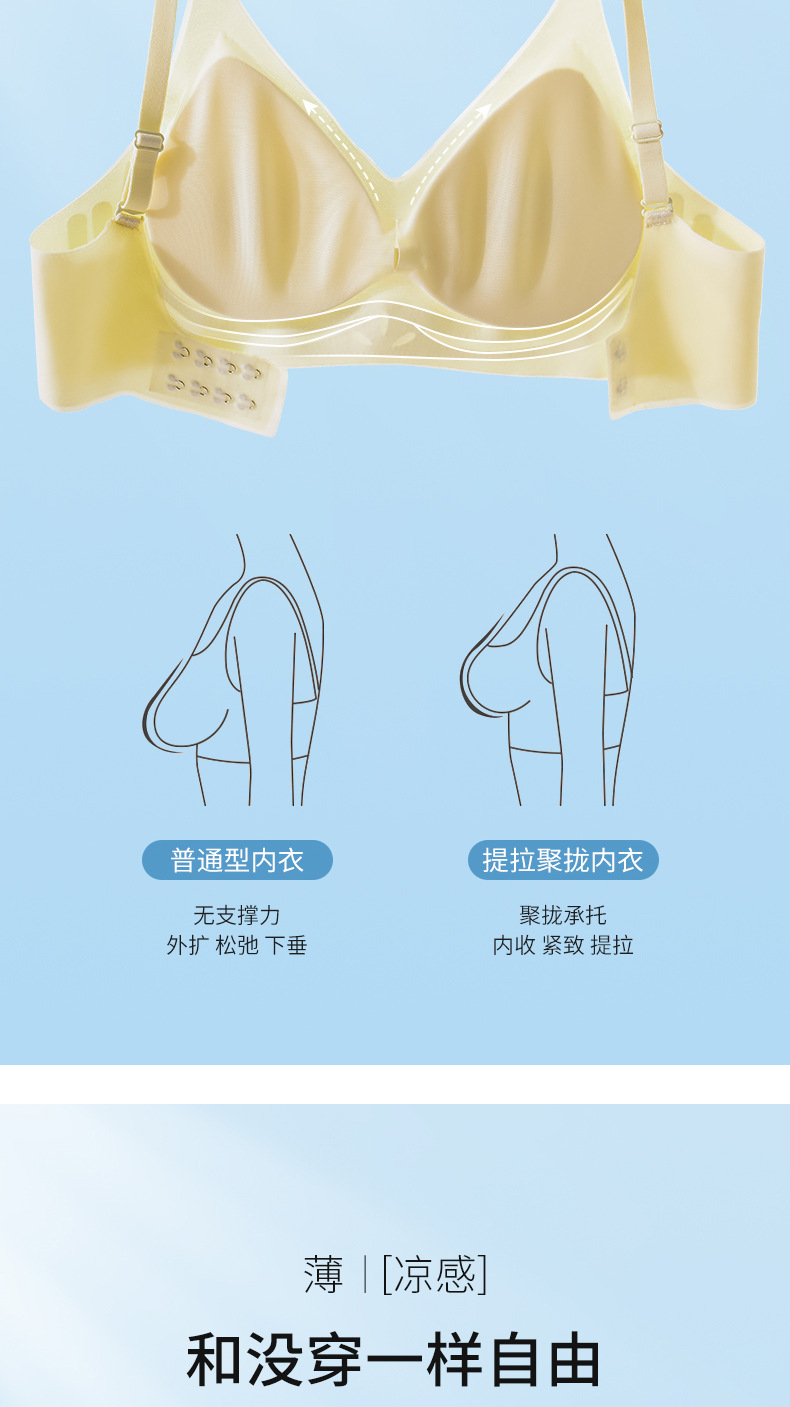 This thin and light ice silk seamless nude bra is a jelly soft support for women, with a large bust that makes them look slimmer and smaller. The gathering bra is comfortable and breathable pic 11
