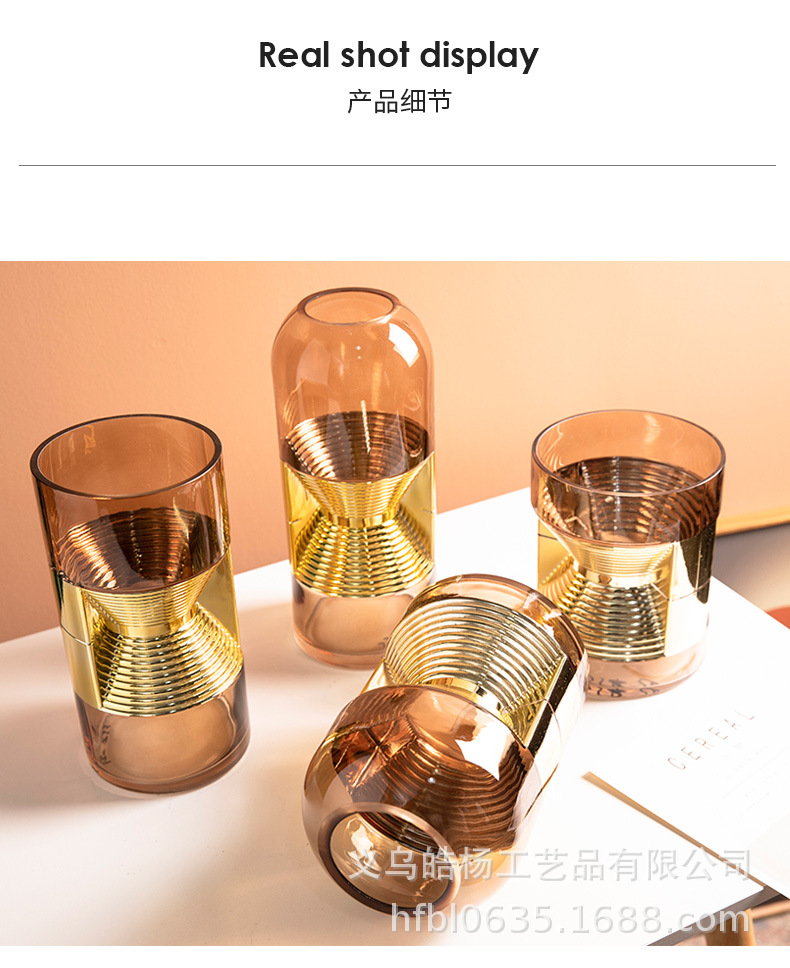 Minimalist, light luxury, high-end living room dried flower arrangement, irregular-shaped gold-plated glass vase combination, home decoration, ins style pic 10