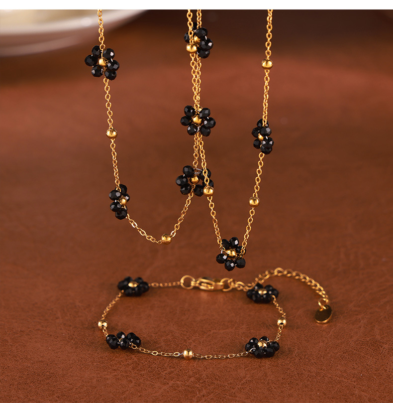 British-style retro, niche, individual, simple and versatile accessories, natural stone beaded, flower-shaped titanium steel jewelry set pic 21