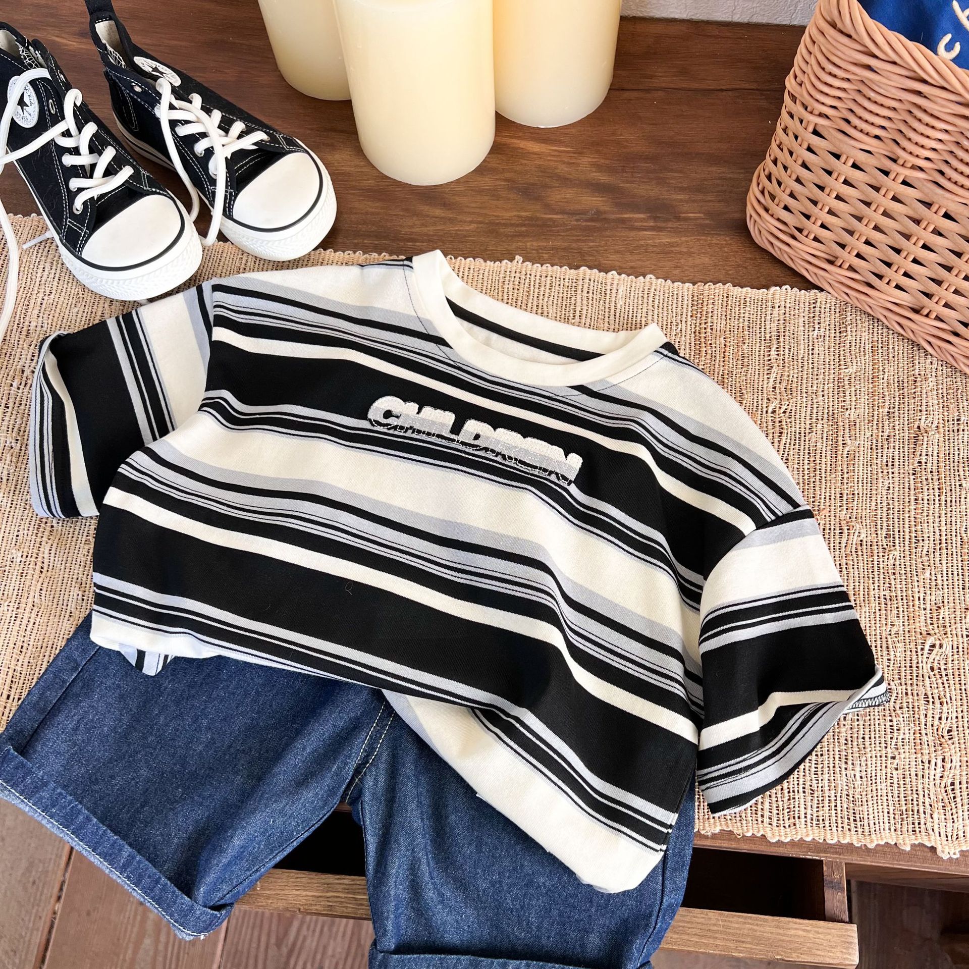 童装短袖2024夏季新款男童撞色混彩休闲条纹T恤儿童字母刺绣潮流T详情7