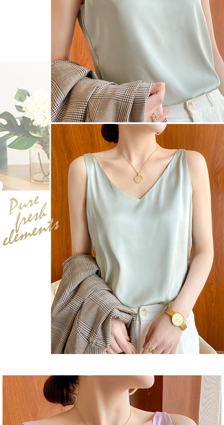 Chaleco halter mujer verano cuello V traje interior y exterior chaleco de seda polainas blancas satén morera seda halter mujer pic 9