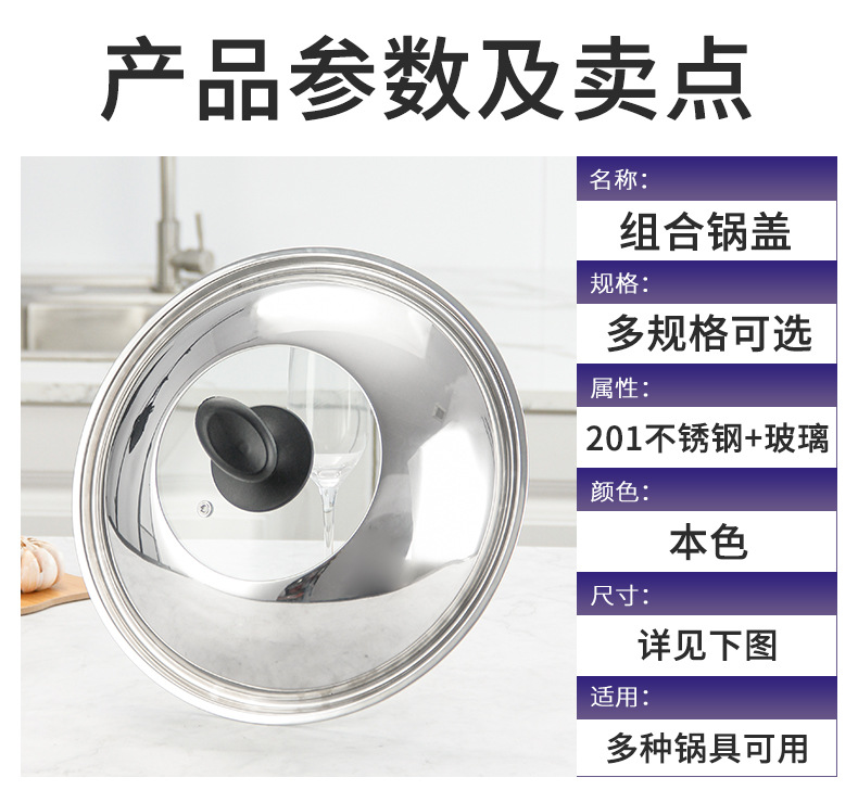厂家直销不锈钢锅盖钢化玻璃盖透明家用组合锅盖大炒锅盖42cm盖子详情1