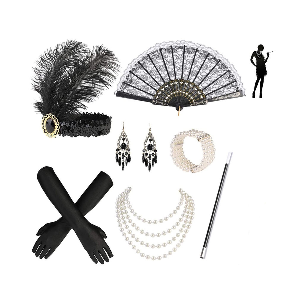 Gatsby Party Feather alloy headband, pearl necklace, cigarette stick glove set, retro Hepburn outfit accessories pic 15