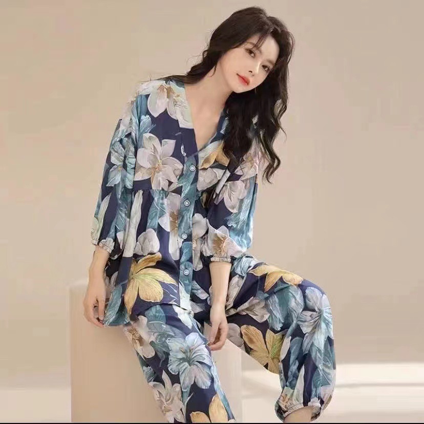 春夏新款棉绸睡衣套装女士七分袖大码宽松空调服家居服两件套详情20