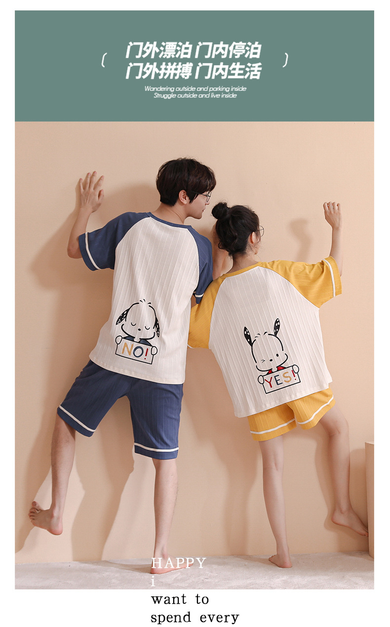 Novedades pareja manga corta pantalones cortos pijamas mujer verano slim algodón peinado hombre traje de hogar suelto casual cartoon pic 35