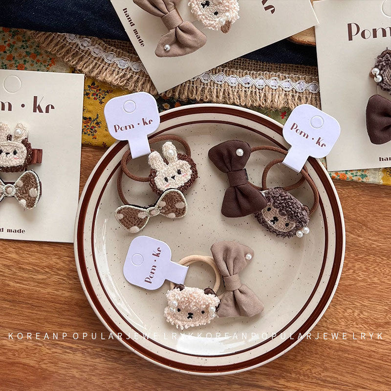 新款韩式宝宝布艺发夹卡通可爱兔兔发圈小羊珍珠初秋高弹力发圈详情8