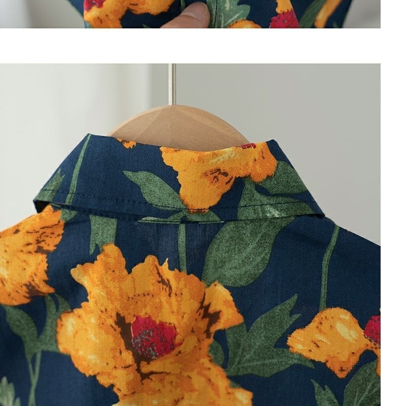 A new short-sleeved Hong Kong-style floral print shirt set for children and boys in 2024, a two-piece summer outfit pic 12