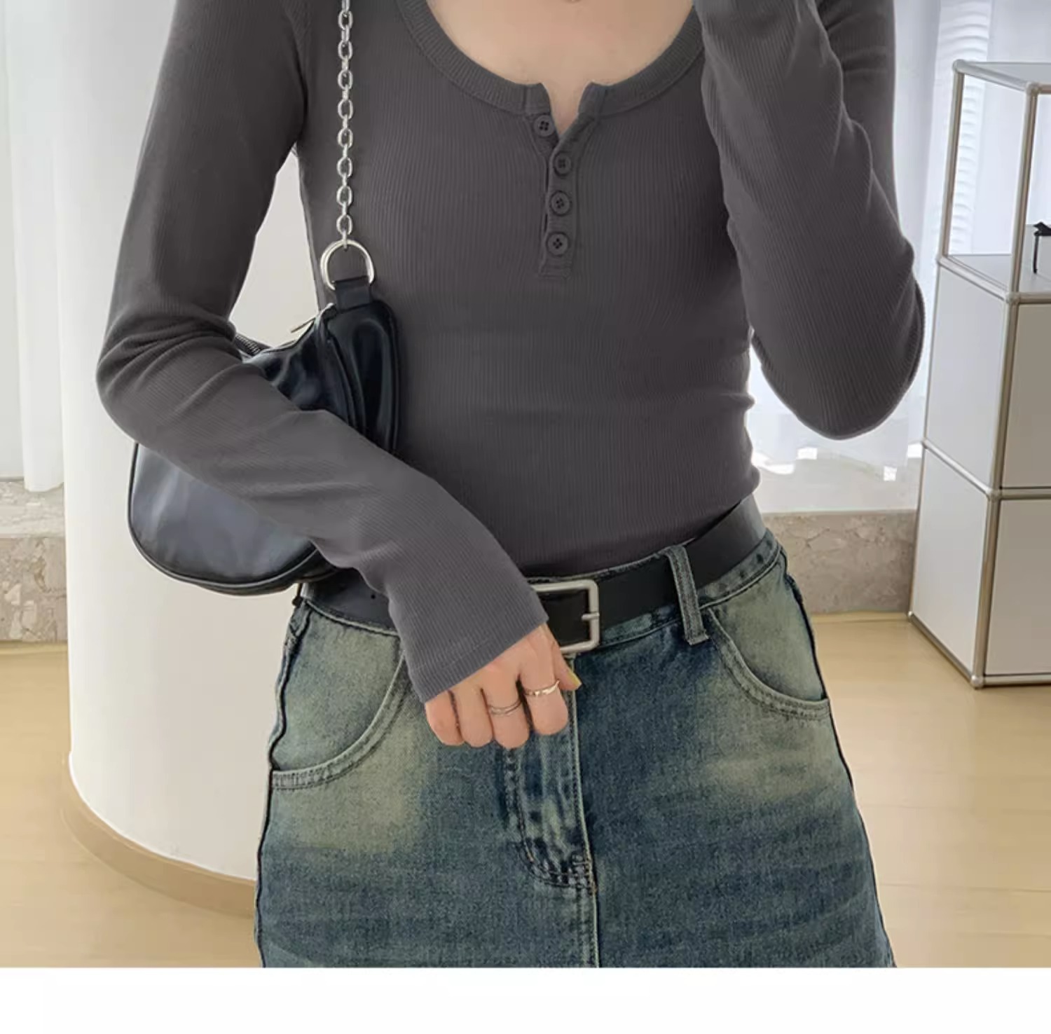 白色长袖t恤女2023秋装新款女装内搭上衣正肩体恤螺纹V领打底衫详情16