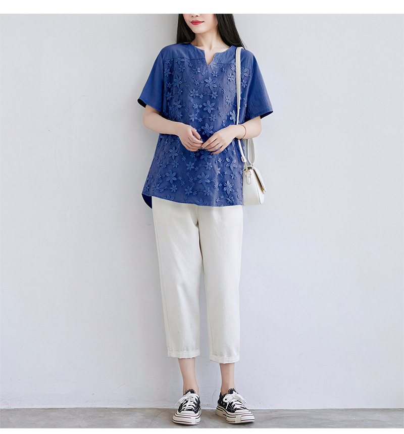 2022夏季新款速卖通欧美女装蕾丝刺绣短袖衬衫宽松女士上衣T恤详情12