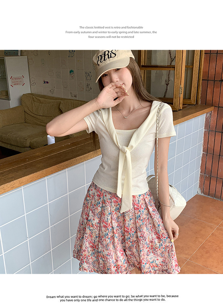 假两件设计感披肩v领短袖t恤女2025夏季新款法式温柔休闲百搭上衣详情17