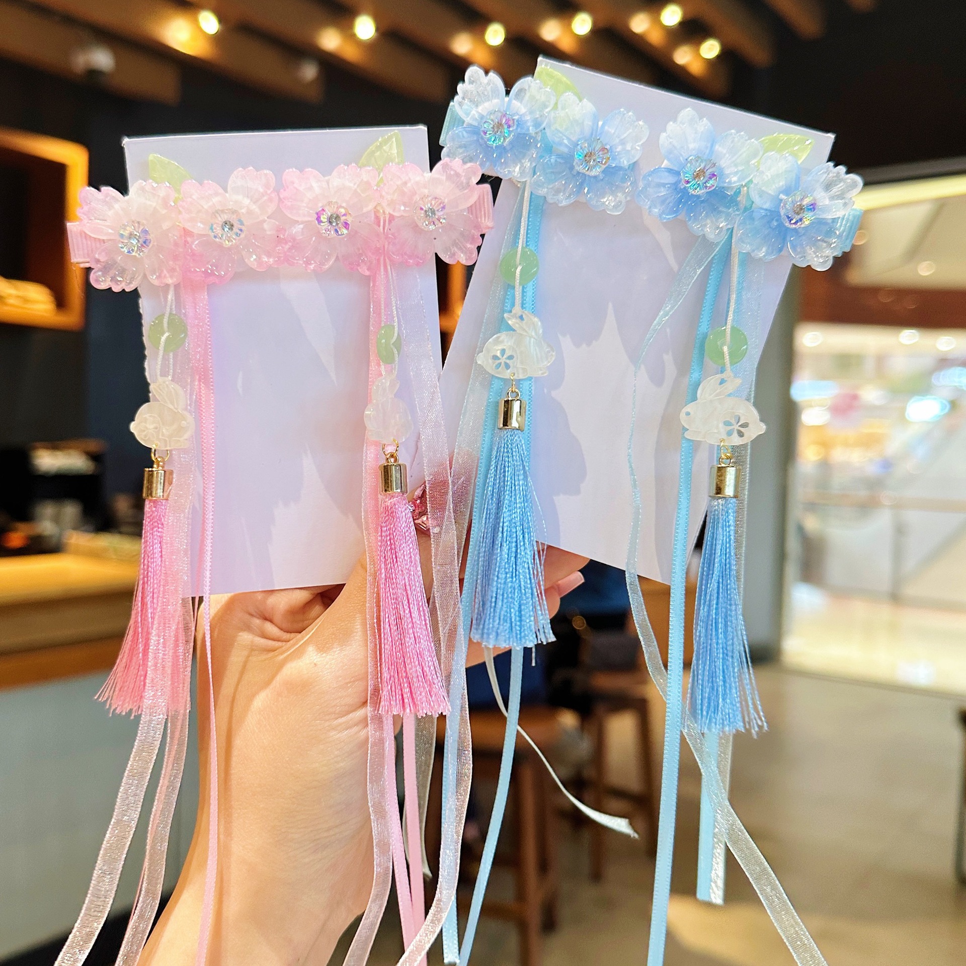 儿童发夹 国潮系列新款古风花朵蝴蝶珍珠流苏中国风琉璃对夹女孩汉服头饰详情19