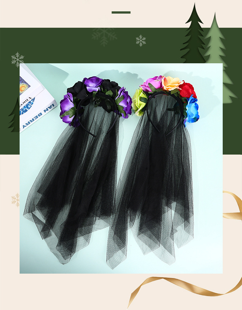 欧美风格万圣节派对专用暗黑女巫装扮发箍 红黑玫瑰花朵头纱亡灵节头扣 配饰围巾详情3