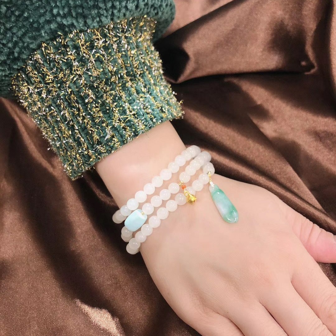 999 999 999 999 999 999 pure gold bell gold coin, natural Hetian jade, three-circle bracelet, jade black pearl, 18K gold diy for women pic 18