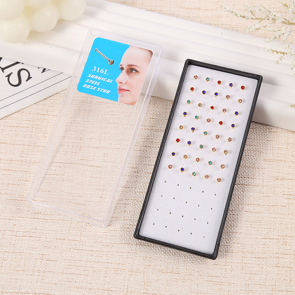 Cross-border stainless steel nose stud, straight rod, diamond-encrusted, gold and silver, colorful five-star plum blossom box, nose ring Type I, wearing pungent jewelry pic 5