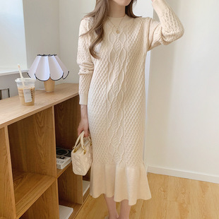 Semi-high neck mid-length elegant woolen dress, new autumn/Winter 2024 Korean-style long-sleeved base knitted dress for women pic 12