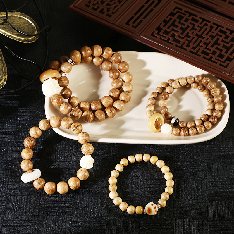 National trend milk-scented wood Buddhist prayer beads bead bead bracelet, artistic and retro burnt cat paw bracelet, prayer beads, cultural play round beads single and double circle jewelry pic 3