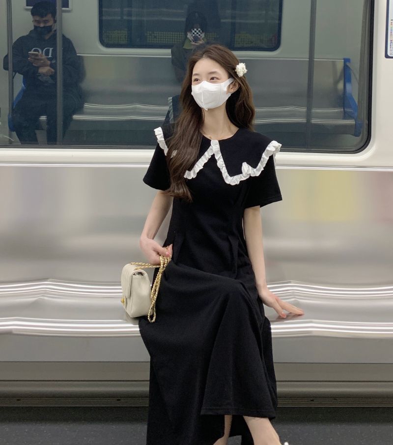 法式减龄娃娃领连衣裙大码夏装胖妹妹显瘦遮肉赫本风气质黑色长裙详情9