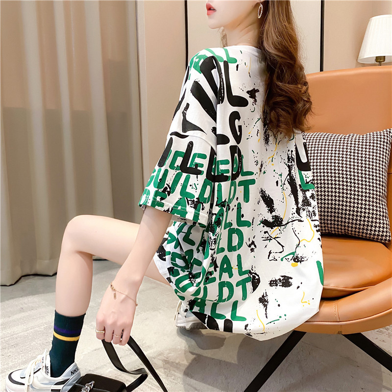 Mid-length short-sleeved T-shirt for women, 2021 new summer Instagram trendy Korean style loose large-sized student graffiti top pic 9