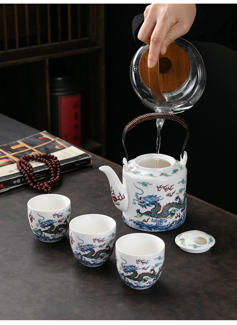 白瓷龙腾提梁壶防烫家用泡茶壶大容量水壶陶瓷功夫茶具单杯子单壶详情7