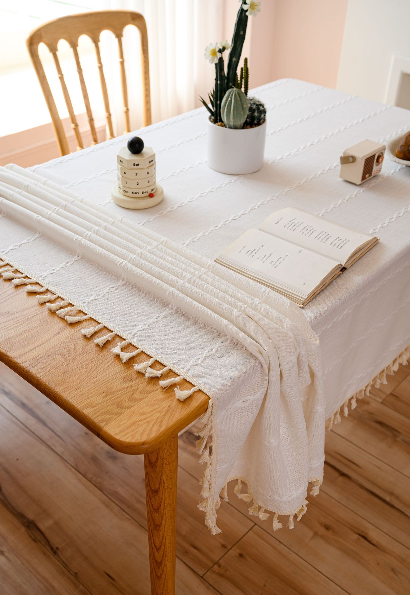 Cross-border three-dimensional embroidered striped tablecloth, popular black solid color, white cotton and linen tablecloth cover, fabric outdoor party pic 7