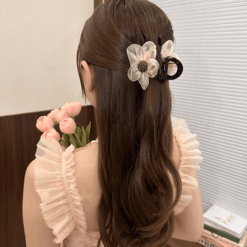 2025 New Sparkling diamond flower hair clip, feminine charm, shark clip at the back of the head, Korean-style mesh sunflower grab clip hair accessory pic 6