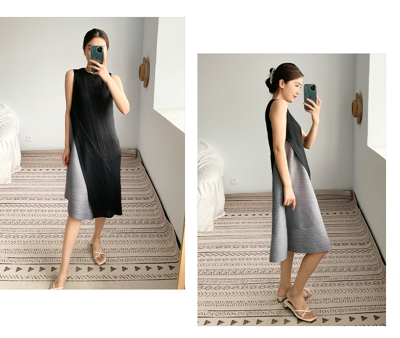 A mid-length sleeveless pleated dress for women, a new summer style by Miyake. This irregularly pieced A-line base dress is stylish pic 38