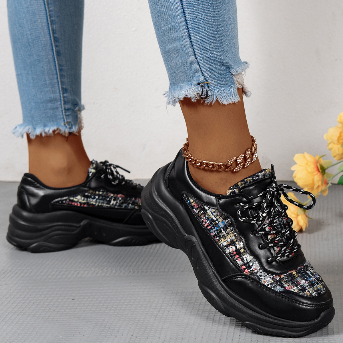 欧美大码跨境厚底休闲运动单鞋2023新款时尚前系带拼色老爹鞋批发详情7