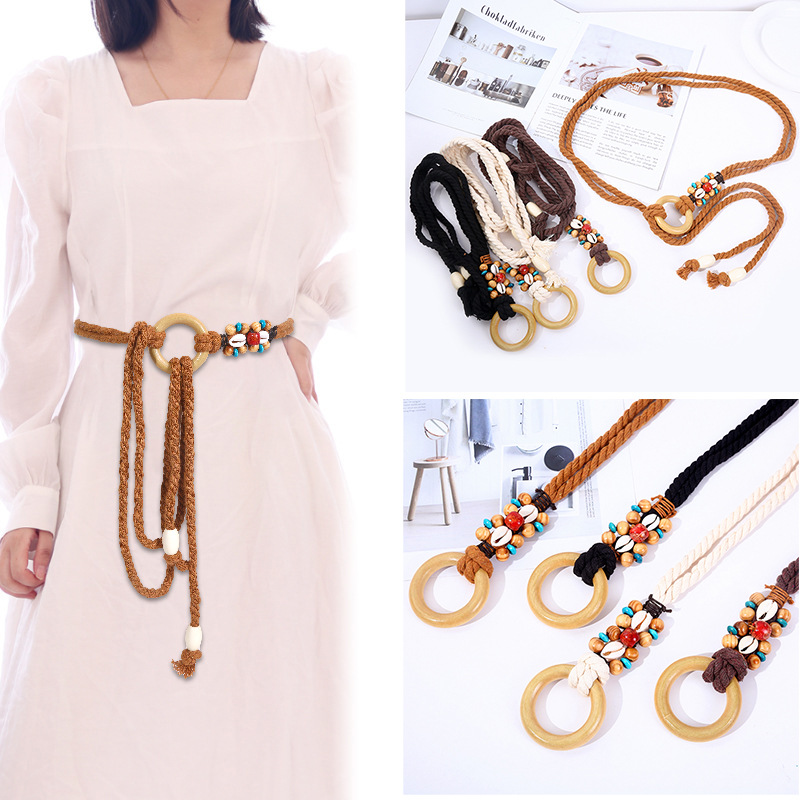 民族风女皮带 亚克力松石编织款女腰带手工蜡绳木珠宝石编织腰链详情1