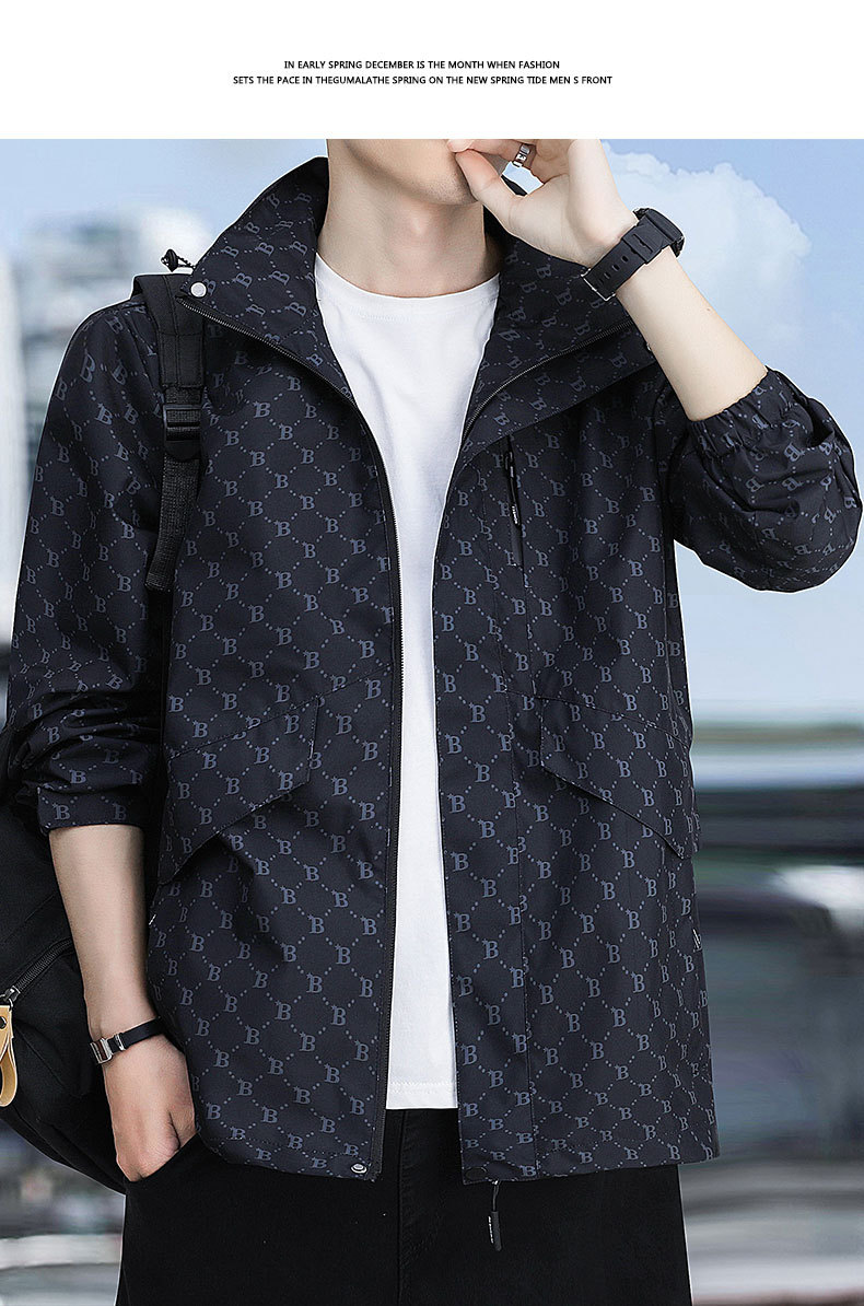 春秋季时尚潮牌印花户外休闲防风防水冲锋衣男士百搭帅气连帽夹克 pic 16