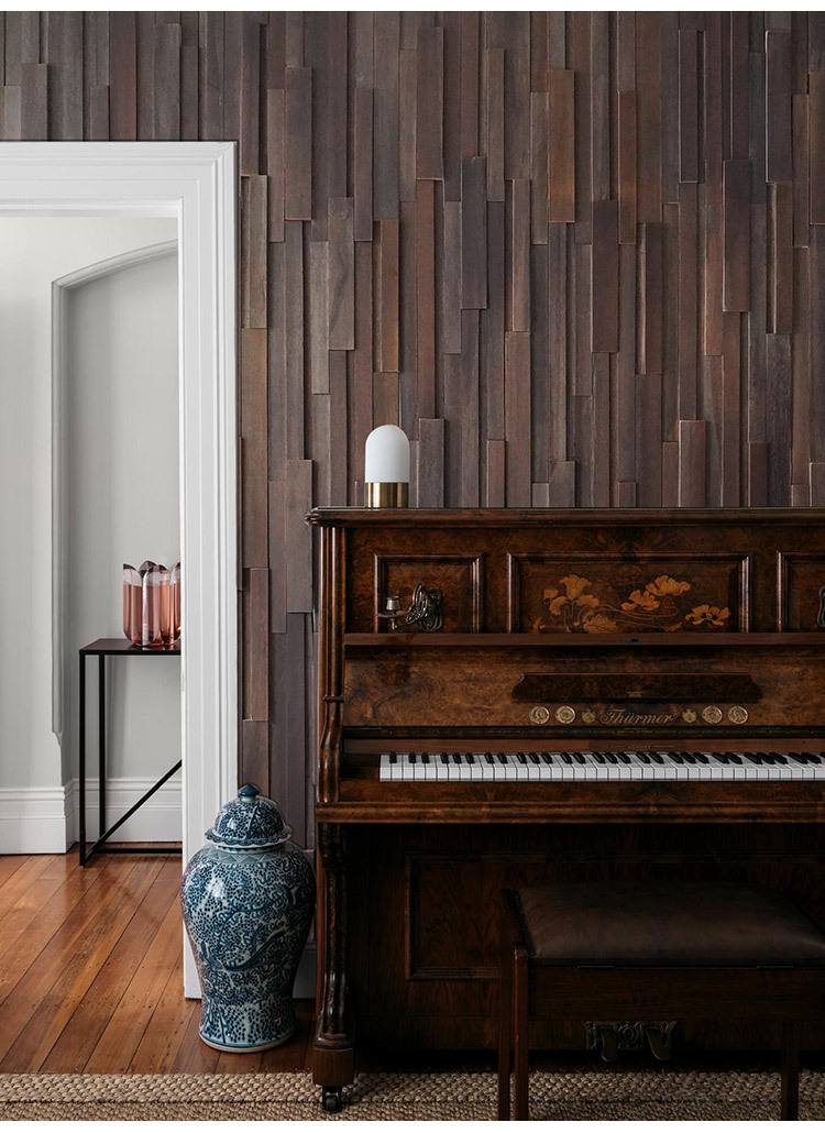 原木马赛克电视背景墙民宿形象墙装饰黑胡桃色凹凸立体实木条细条详情7